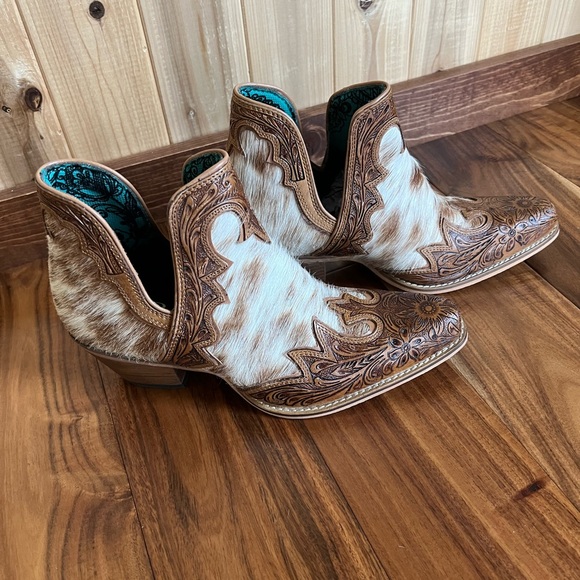 💯Hand Tooled Floral Leather Genuine Hide-on Women Bootie Boot Boho Western Shoe - Picture 2 of 11